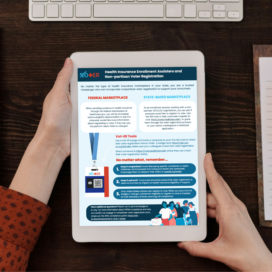 Person holding a tablet above their desk with the health insurance assisters one pager displayed