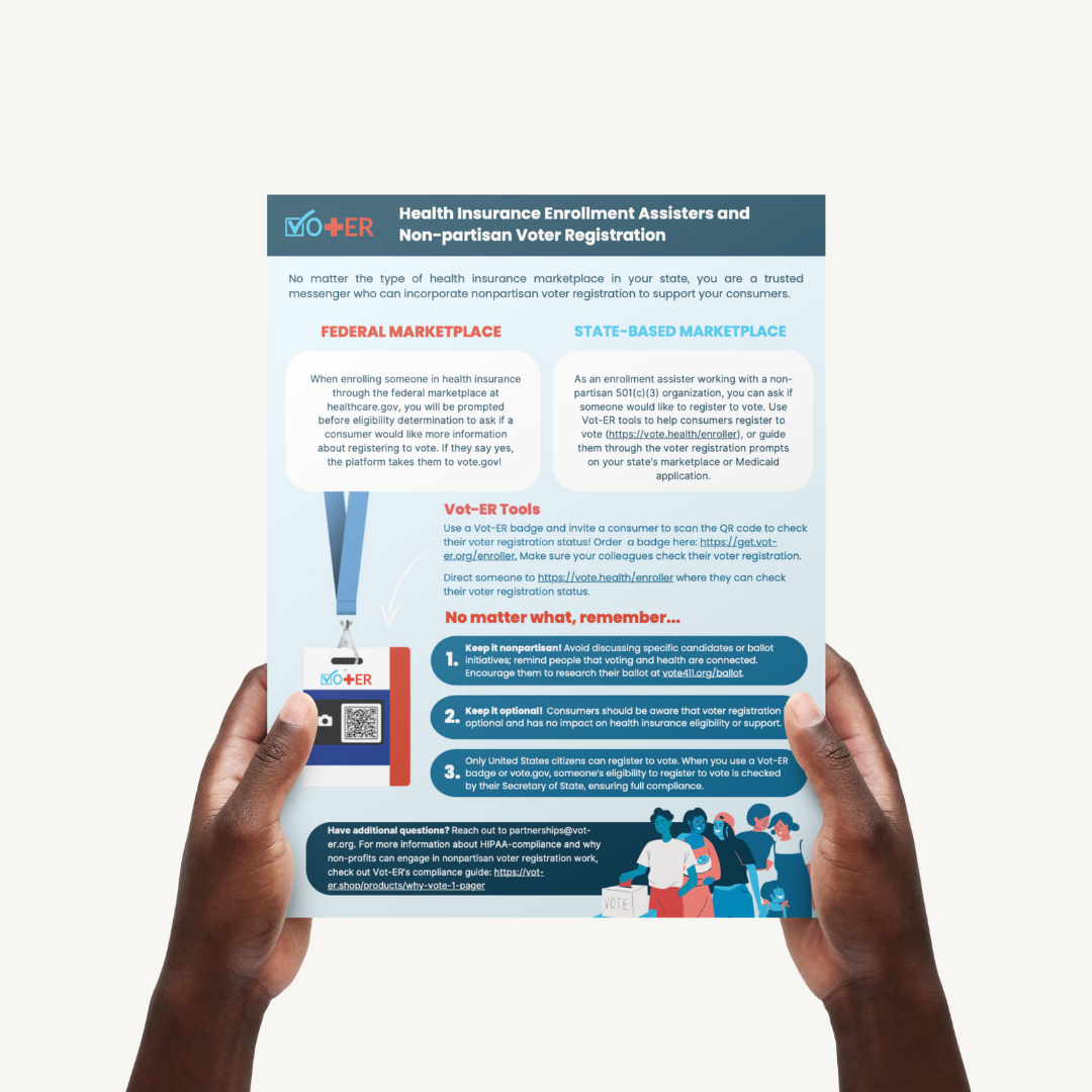 Two hands holding a copy of the health insurance enrollment assisters one pager