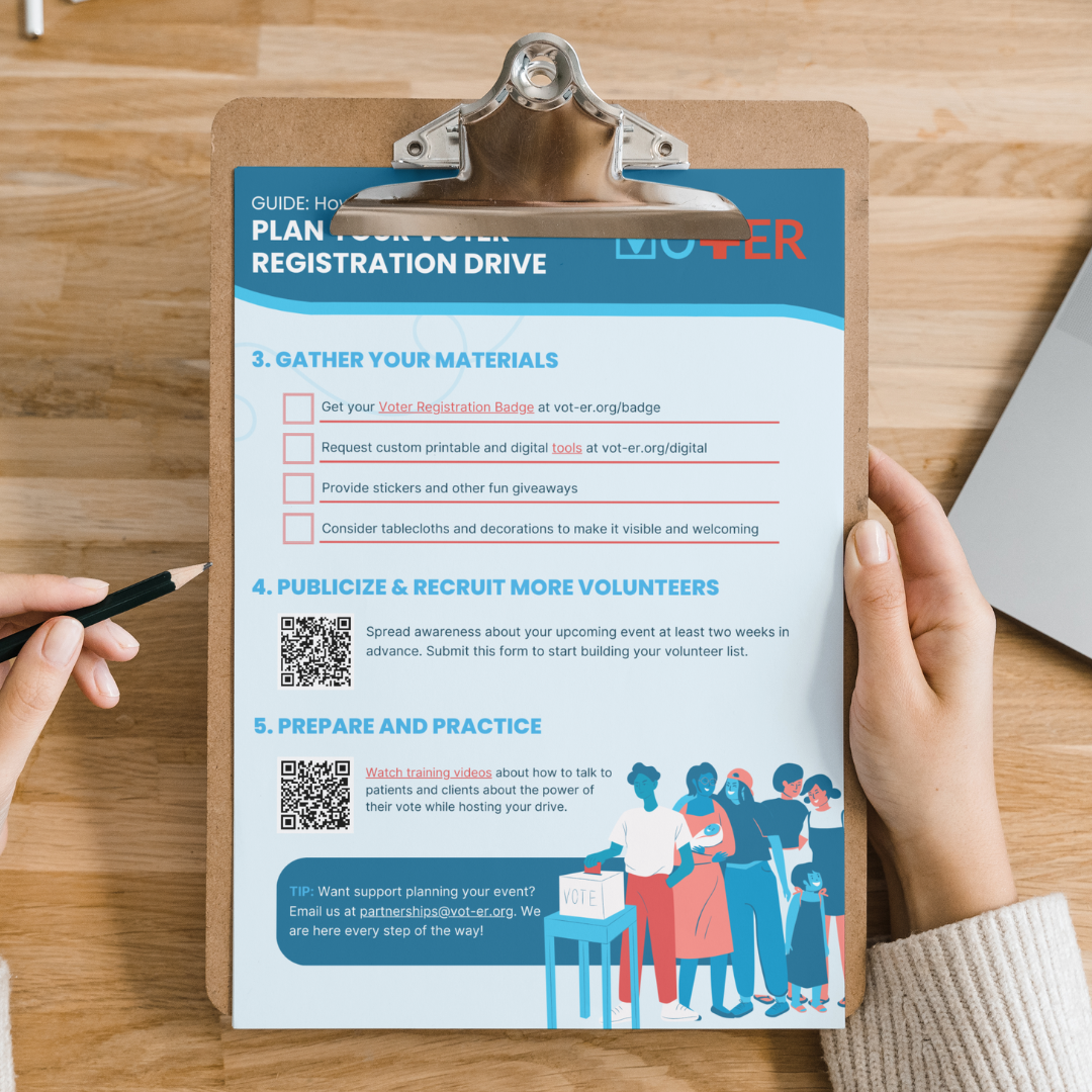 Person holding a pencil and clipboard with the Vot-ER Plan Your Voter Registration Drive Guide