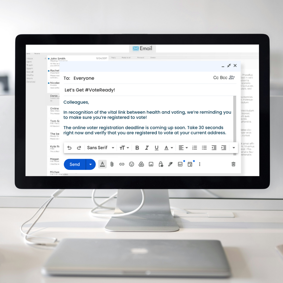 Voter registration reminder email template displayed on a desktop computer
