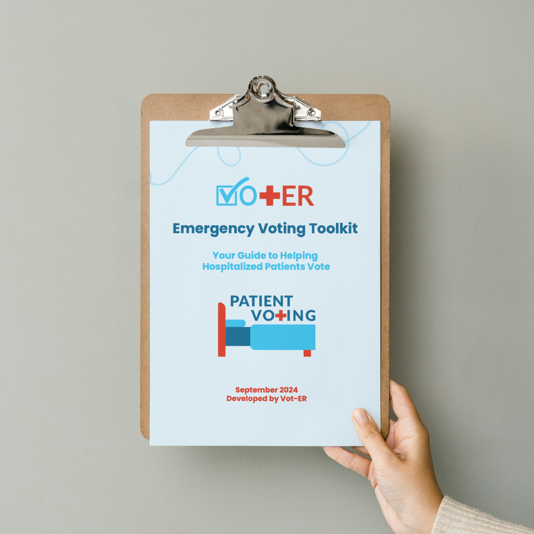 Hand holding up Emergency Voting toolkit on a clipboard