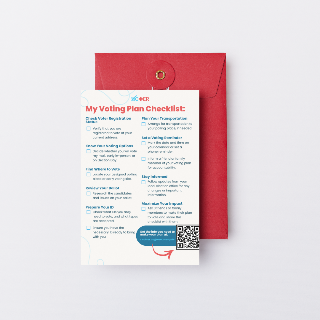 Voting plan checklist with a red envelope behind it