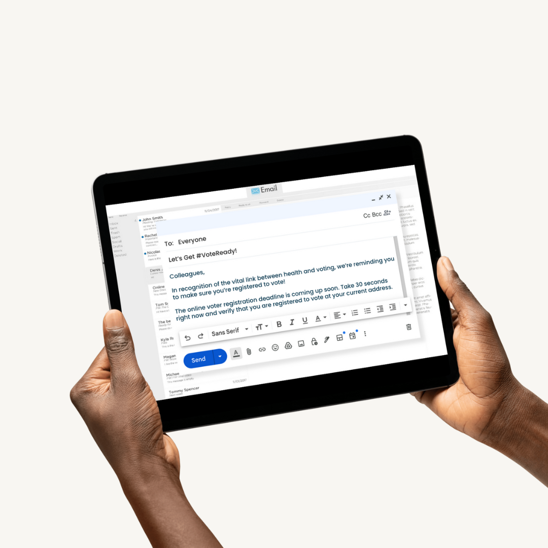 hands holding a tablet with the voter registration reminder email template displayed
