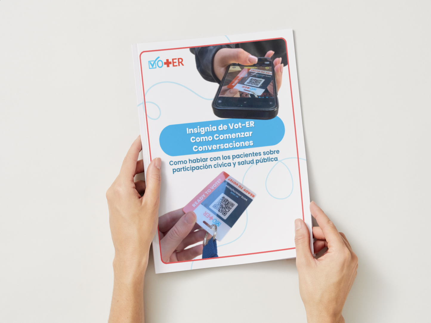 Hands holding a printed booklet of Vot-ER Conversation Starters in Spanish
