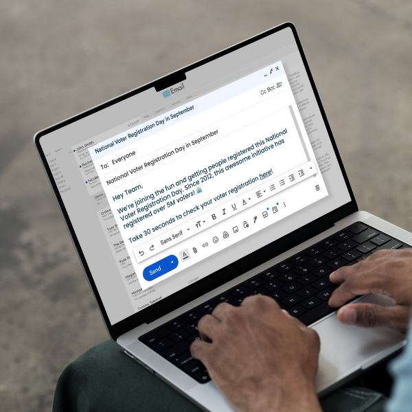 A laptop computer showing an email inbox of the Vot-ER NVRD email template