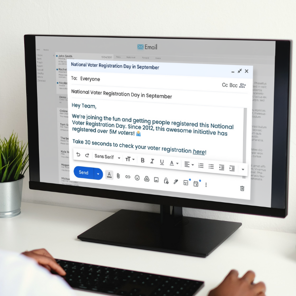 A desktop computer showing an email inbox of the Vot-ER NVRD email template