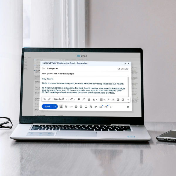 A laptop computer showing an email inbox of the Vot-ER email template asking recipients to order their Vot-ER badge