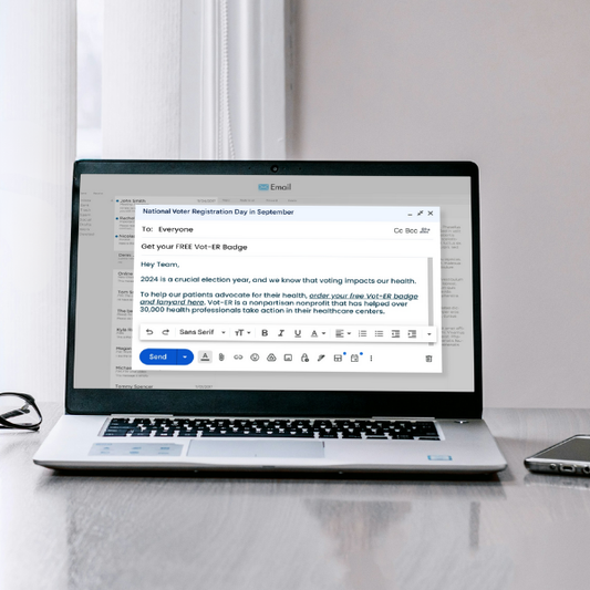 A laptop computer showing an email inbox of the Vot-ER email template asking recipients to order their Vot-ER badge