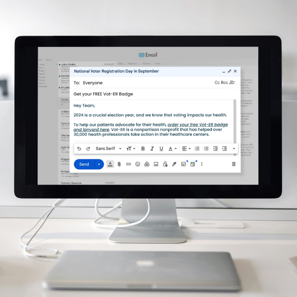 A desktop computer showing an email inbox of the Vot-ER email template asking recipients to order their Vot-ER badge