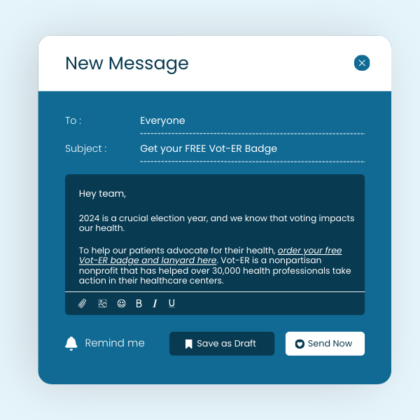 Graphical display of the Vot-ER email template outlining how to ask recipients to order their free Vot-ER badge