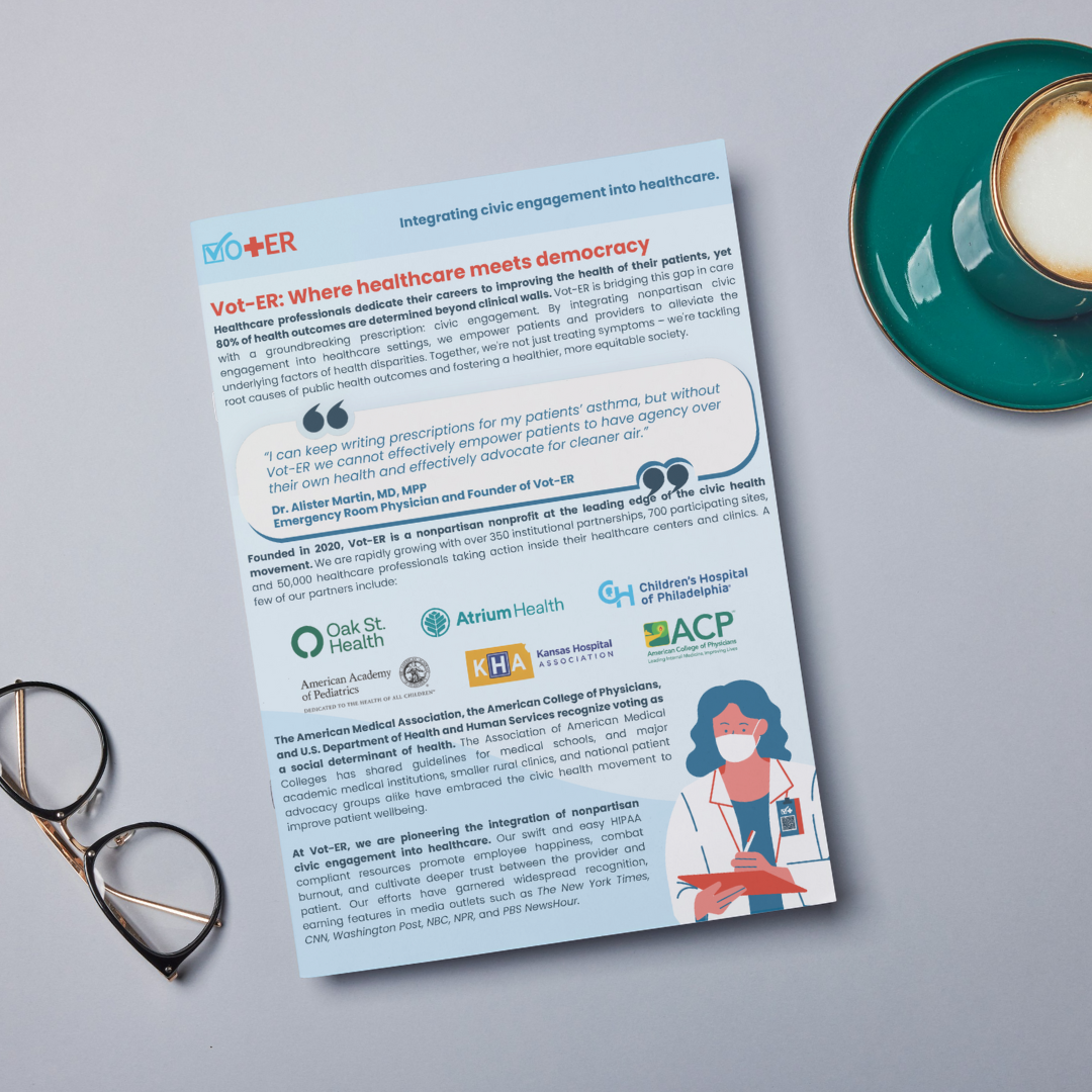 Tabletop video of the About Vot-ER one pager with coffee cup and glasses
