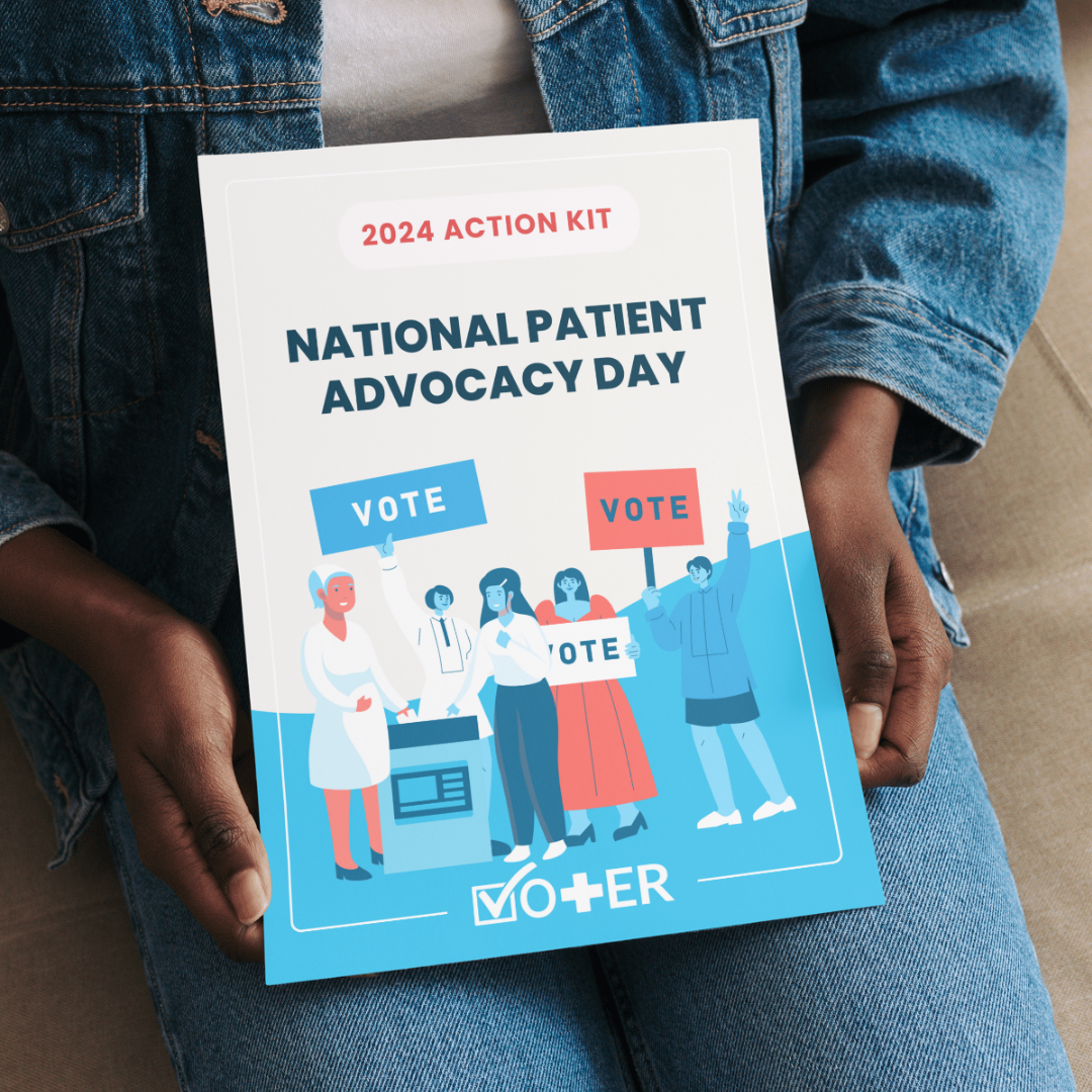 Person sitting and holding Vot-ER's National Patient Advocacy Day Action Kit