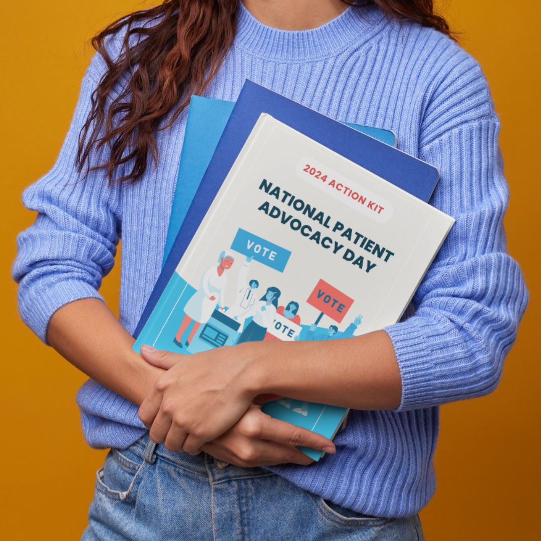 Person holding a stack of folders, with Vot-ER's National Patient Advocacy Day Action Kit on top