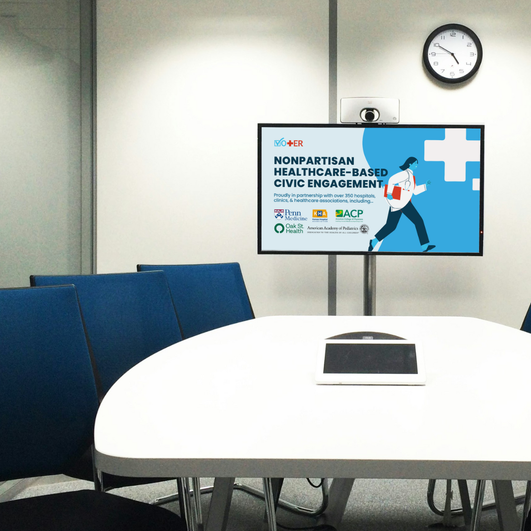 Conference room with presentation of Vot-ER nonpartisan healthcare-based voter registration