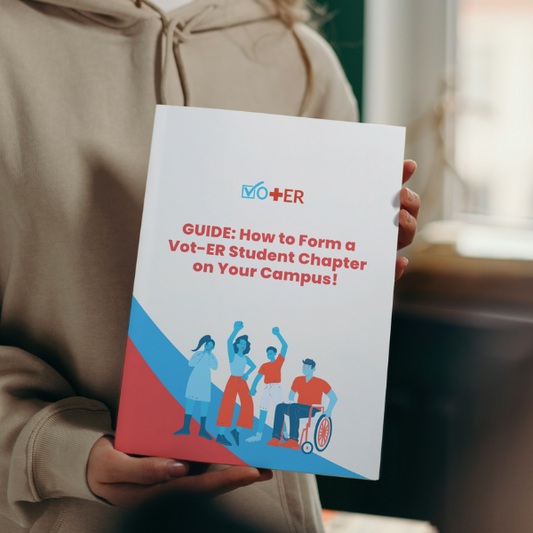 Person holding Vot-ER's Guide on How to Form a Vot-ER Student Chapter on Your Campus