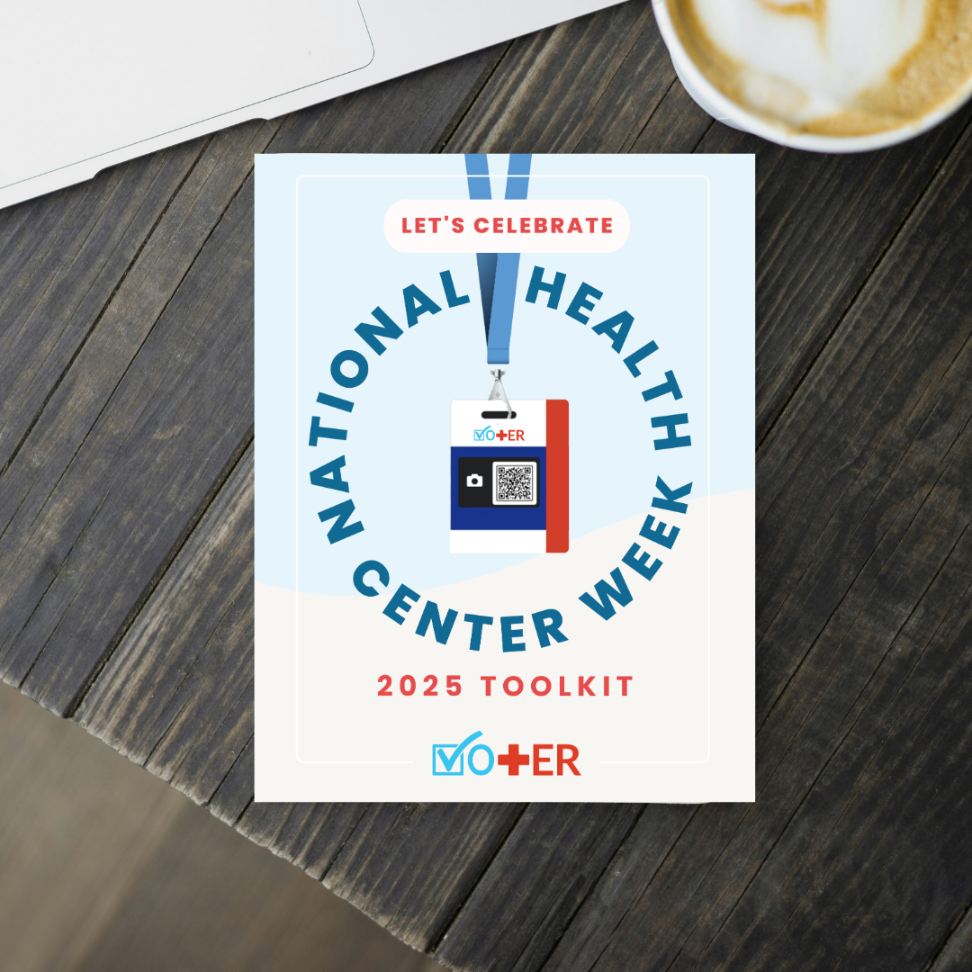 Toolkit for National Health Center Week 2025 on a wooden surface with a cup of coffee.