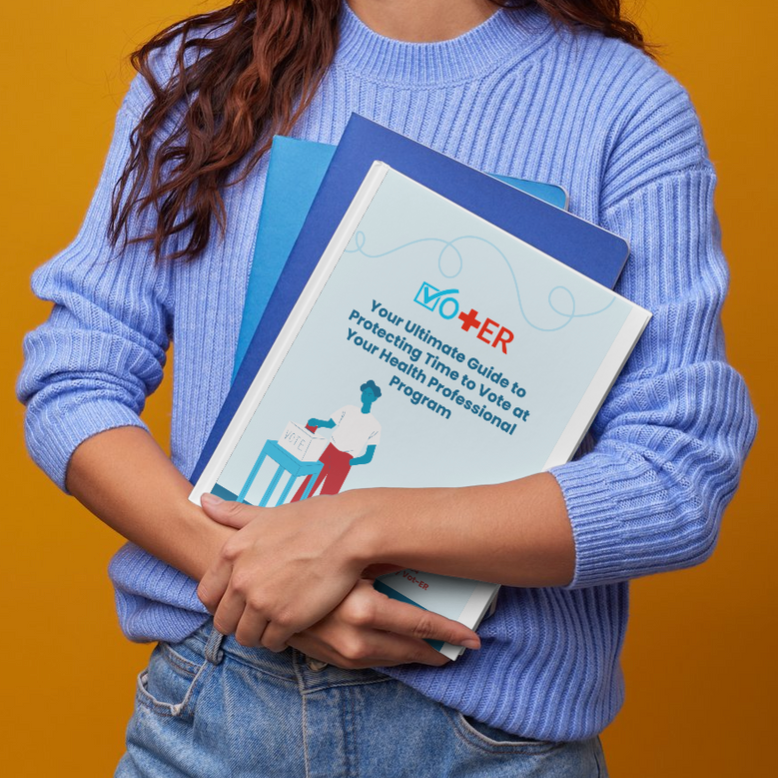 Woman holding a stack of folders, with the Vot-ER protecting time to vote guide on top