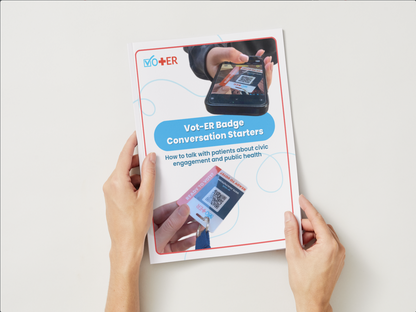 Hands holding a printed booklet of Vot-ER Conversation Starters in English