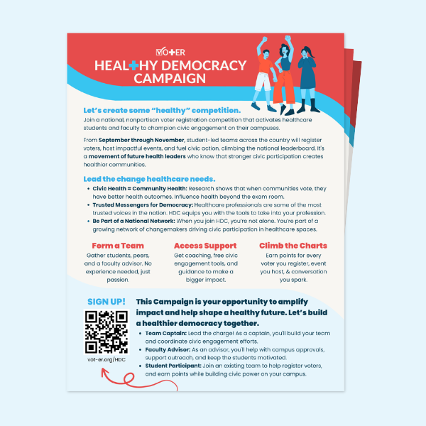Flyer for Healthy Democracy Campaign with text and graphics on a light blue background