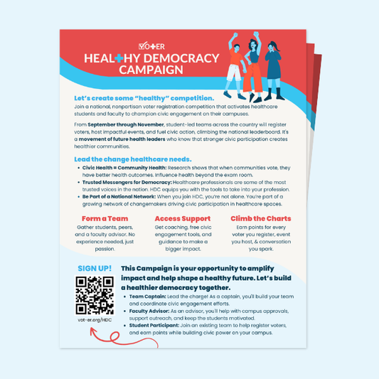 Flyer for Healthy Democracy Campaign with text and graphics on a light blue background